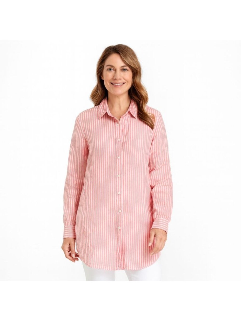 Island Compnay Womens Gentlemen Shirt Tunic Top Linen Pink Stripe Size M